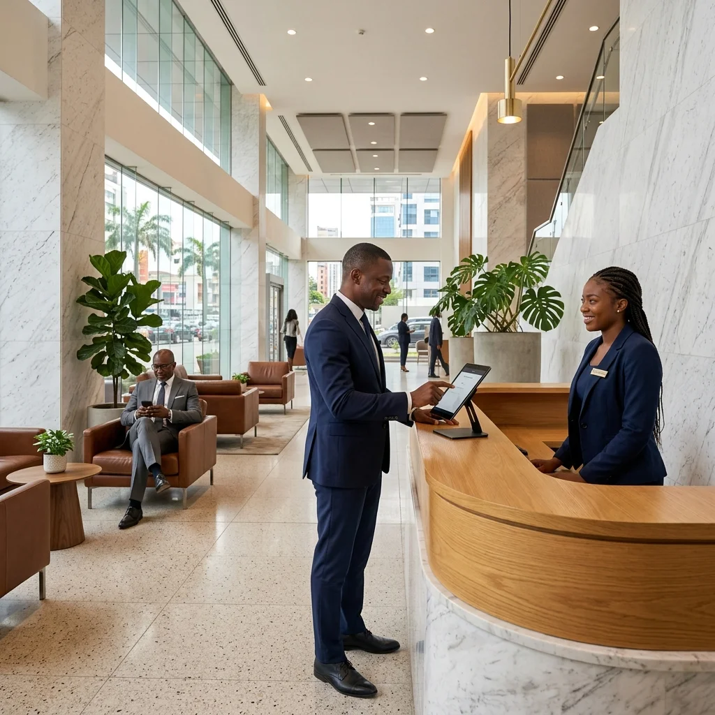 Corporate office reception with Entrifi visitor check-in kiosk